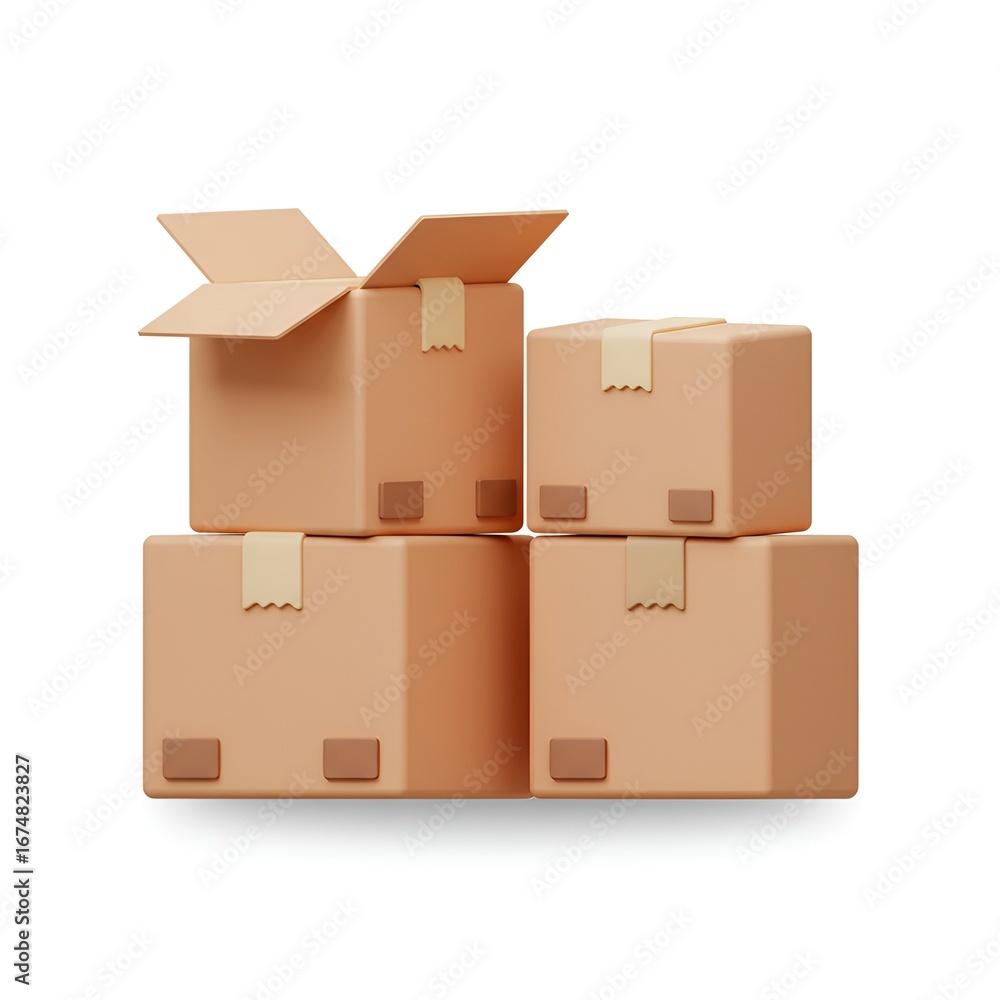 Obraz premium Stack of four cardboard boxes with one box open in a minimalist flat design style render.