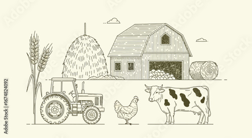 Agricultural concept illustration of a farm with a barn, tractor, cow, and chicken in a retro line art style
