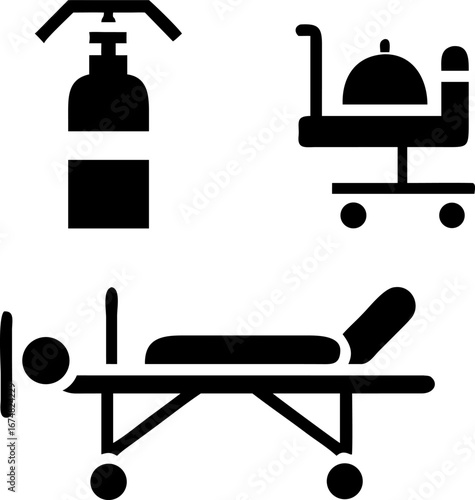 Essential hospital equipment, oxygen tank, food service cart, and patient stretcher for healthcare needs