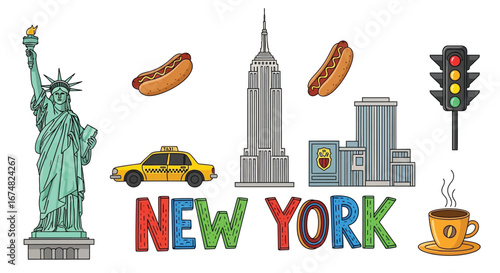New York City Skyline and Icons A Vibrant Collection of Famous Landmarks and Symbols