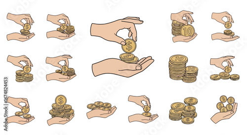 Collection of hand-drawn illustrations showing various financial gestures with coins, such as payment, savings, and investment