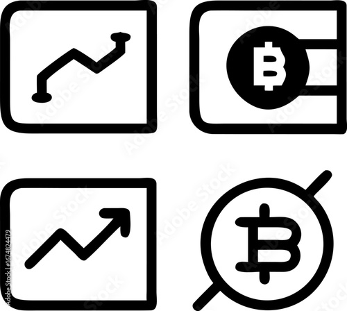 Bitcoin investment growth, wallet, and regulation icons showcase cryptocurrency trends and finance