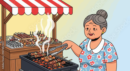 Woman cooking skewers at food stall with smoke