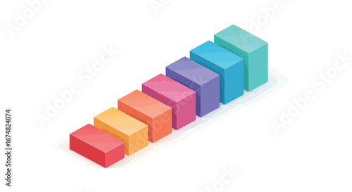 Isometric bar graph showing upward trend and growth in multiple colorful blocks on white background