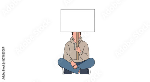Person sitting with a blank sign, ready for your message or protest, symbolizing anonymity and the power of a single voice