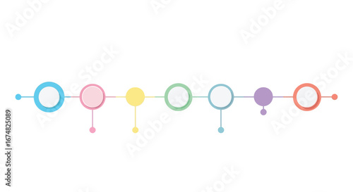 Colorful timeline design concept with circular shapes and connecting lines on a white background