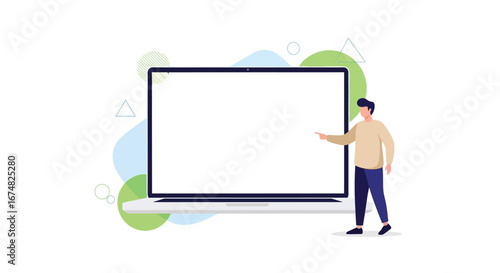 Presentation on Laptop with Man Pointing to Screen - Modern Technology Illustration