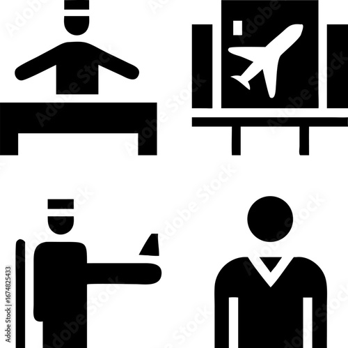 Simple airport icons for travel and tourism services, including check-in, passport control, and boarding pass