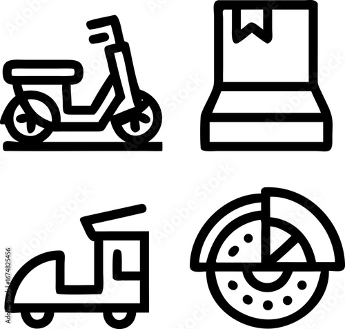 Delivery service icons set showing scooter, package, moped and pizza slice for fast shipping solutions