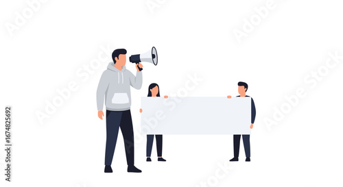Activist speaking into a megaphone while others hold a blank protest sign, symbolizing public communication and demonstration