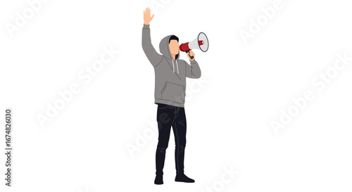 Person Shouting Through Megaphone Vector Illustration for Announcements and Activism