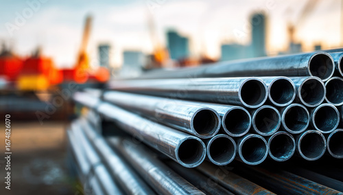 A stack of metal pipes in an industrial environment, likely used in construction or manufacturing processes.