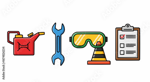Aviation vector object and icon construction safety equipment vector illustration featuring gas can wrench safety glasses and clipboard checklist