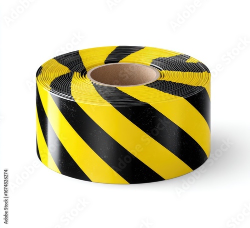 Rolled safety tape, black and yellow diagonal stripes, isolated on white