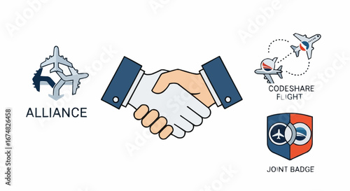 Aviation vector object and icon airline partnership agreement for codeshare flights and joint venture alliance with handshake and badge icon