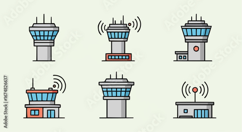 Aviation vector object and icon airport control tower vector illustration set air traffic control tower design elements for aviation safety 100