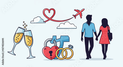 Aviation vector object and icon romantic travel destination wedding honeymoon planning with couple champagne and engagement rings vector art