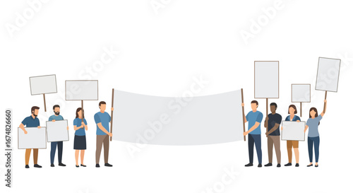 Group of People Protesting Together with Blank Signs and Banner for Social Activism