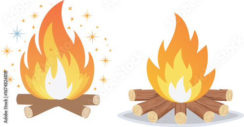 Cartoon Campfire Illustrations with Burning Logs and Flames.