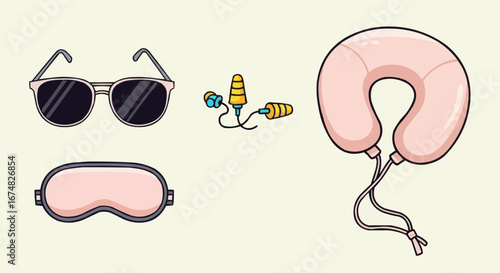 Aviation vector object and icon essential travel accessories sunglasses eye mask earplugs and neck pillow for comfortable journey trip vacation