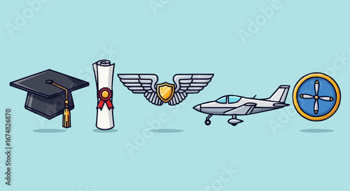 Aviation vector object and icon aviation career graduation pilot school airplane wings propeller degree future education success goal dream