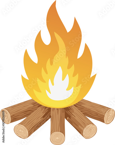 Cartoon Campfire with Wood Logs and Bright Flames.