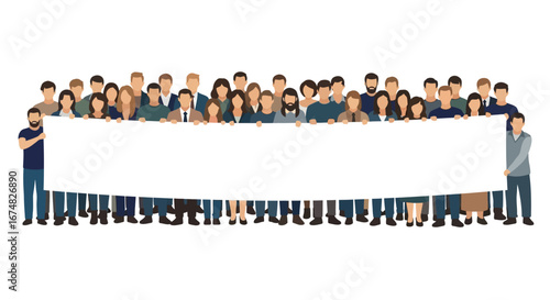 Crowd of People Holding a Blank Banner, Diverse Group for Social Message or Advertisement