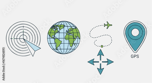 Aviation vector object and icon travel planning and navigation concept with gps location and global travel route destination map icon