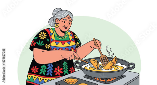 Elderly woman happily cooking empanadas in a pan on a stove, with steam rising from the food