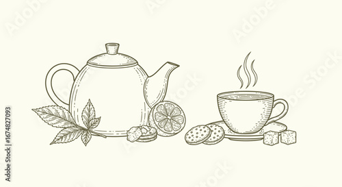 Hand-drawn sketch illustration of a classic teapot and teacup with lemon, mint, and biscuits for a cozy tea time