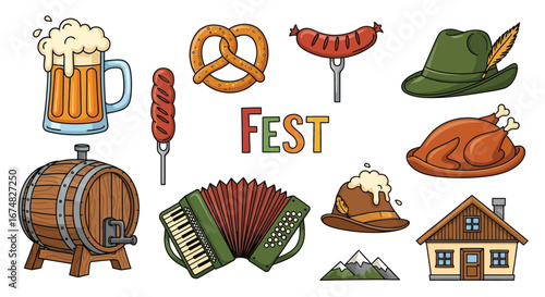 Set of colorful cartoon vector illustrations for a traditional Bavarian beer festival, including food, music, and cultural symbols