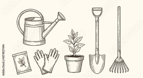 Gardening Tools and Supplies A Hand-Drawn Illustration