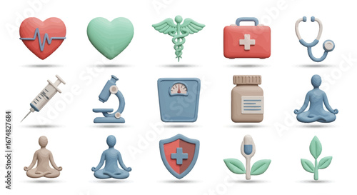 Vibrant 3D Medical and Wellness Icons Collection Illustrating Healthcare, Self-Care, and Healthy Lifestyle Concepts