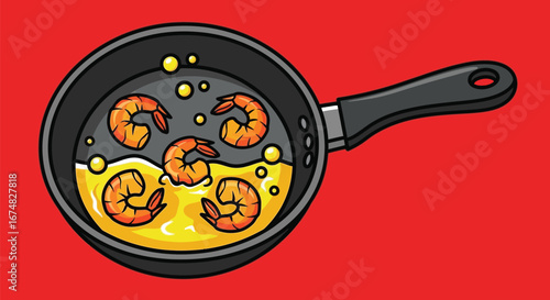 Sizzling prawns frying in a pan with hot butter. A cartoon-style vector graphic for a seafood cooking concept