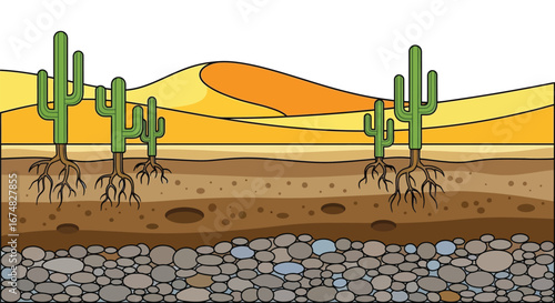 Desert Landscape Illustration Cacti, Sand Dunes, and Rocky Ground