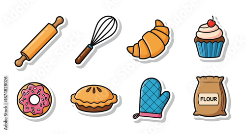 Charming set of cartoon baking essentials featuring kitchen tools, delicious pastries, and ingredients for home cooking and sweet treats