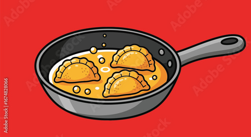 Delightful Dumplings Sizzle A Culinary Cartoon in a Frying Pan