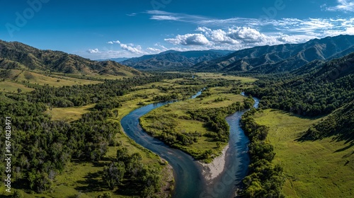 River splits flowing through a green valley surrounded by mountains under blue sky.
