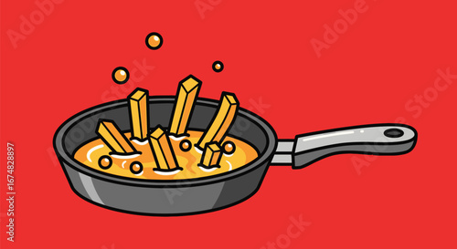Frying Frenzy A Culinary Cartoon of Crispy Golden Fries Sizzling in a Pan on Scarlet Backdrop