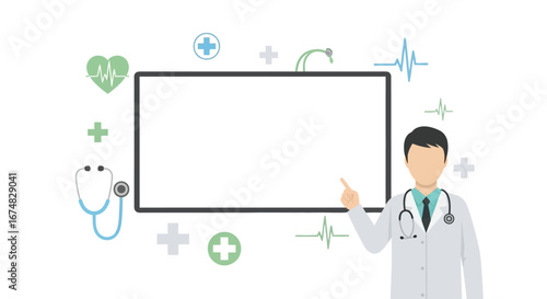 Healthcare professional in a lab coat points to a clear, customizable screen, ideal for displaying medical data or patient education