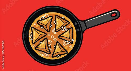 Delicious homemade dumplings simmering in a frying pan with onions, a culinary vector illustration