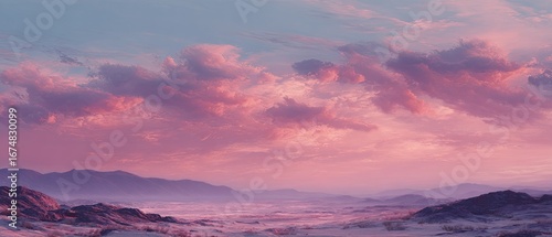 Panoramic desert landscape at sunset, with a vibrant pink-toned sky and hazy mountains