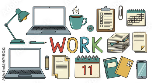 Organized workspace essentials in vector style, perfect for digital design projects