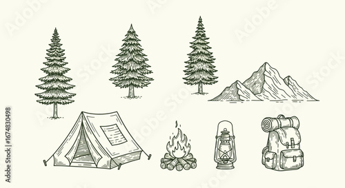 Camping Adventure Hand-Drawn Tent, Mountains, Trees, and Backpack Illustration
