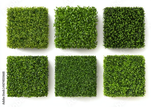 Six square, artificial hedges against a white background.  Each hedge is dense with small, vibrant green foliage
