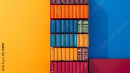 Colorful shipping containers arranged in an abstract aerial-inspired composition.