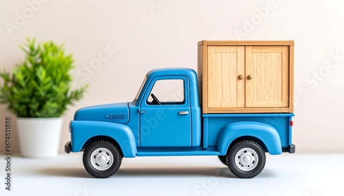 Blue pickup truck with wooden cabinet
