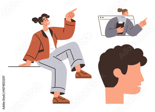 Three stylized figures engaged in varied activities, including gesturing and presenting. Ideal for communication, teamwork, leadership, identity, collaboration, education self-expression. A simple