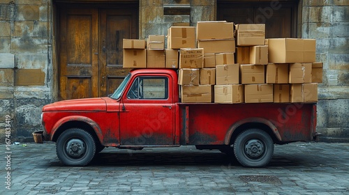 Vintage red truck overloaded with cardboard boxes in an urban setting