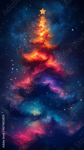 Magical starry Christmas tree blue purple gradient glow, dreamy galaxy background mobile wallpaper design, sparkling starlight effect holiday concept